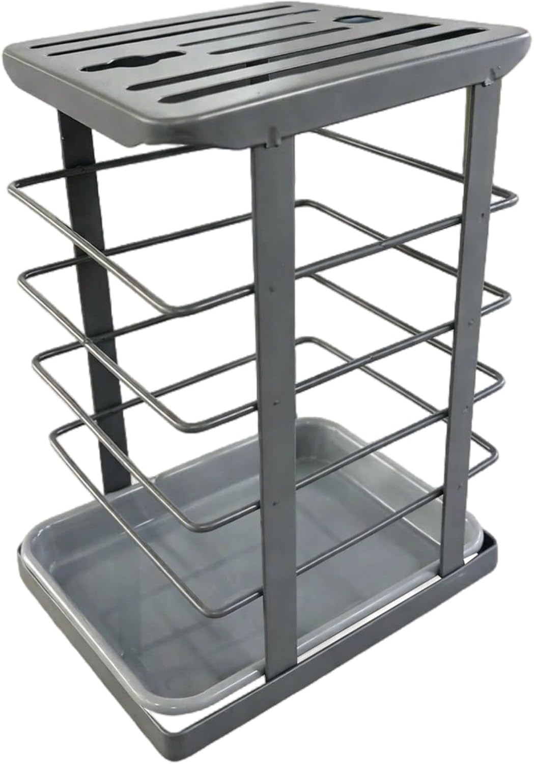 Gray, Carbon Steel Knife Block with Drain Tray, Slanted Knife Stand for Kitchen, Knives, Scissors & Sharpening Rods