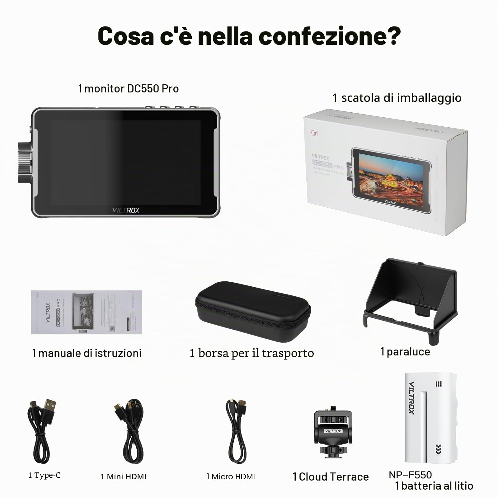 VILTROX DC550 Pro 5.5" Camera Field Monitor Touch Screen 4K HDMI DSLR Video Monitor esterno per Sony Canon Nikon Parasole Cappuccio Batteria Borsa 1200nit 3DLUT Focus Peaking Istogramma