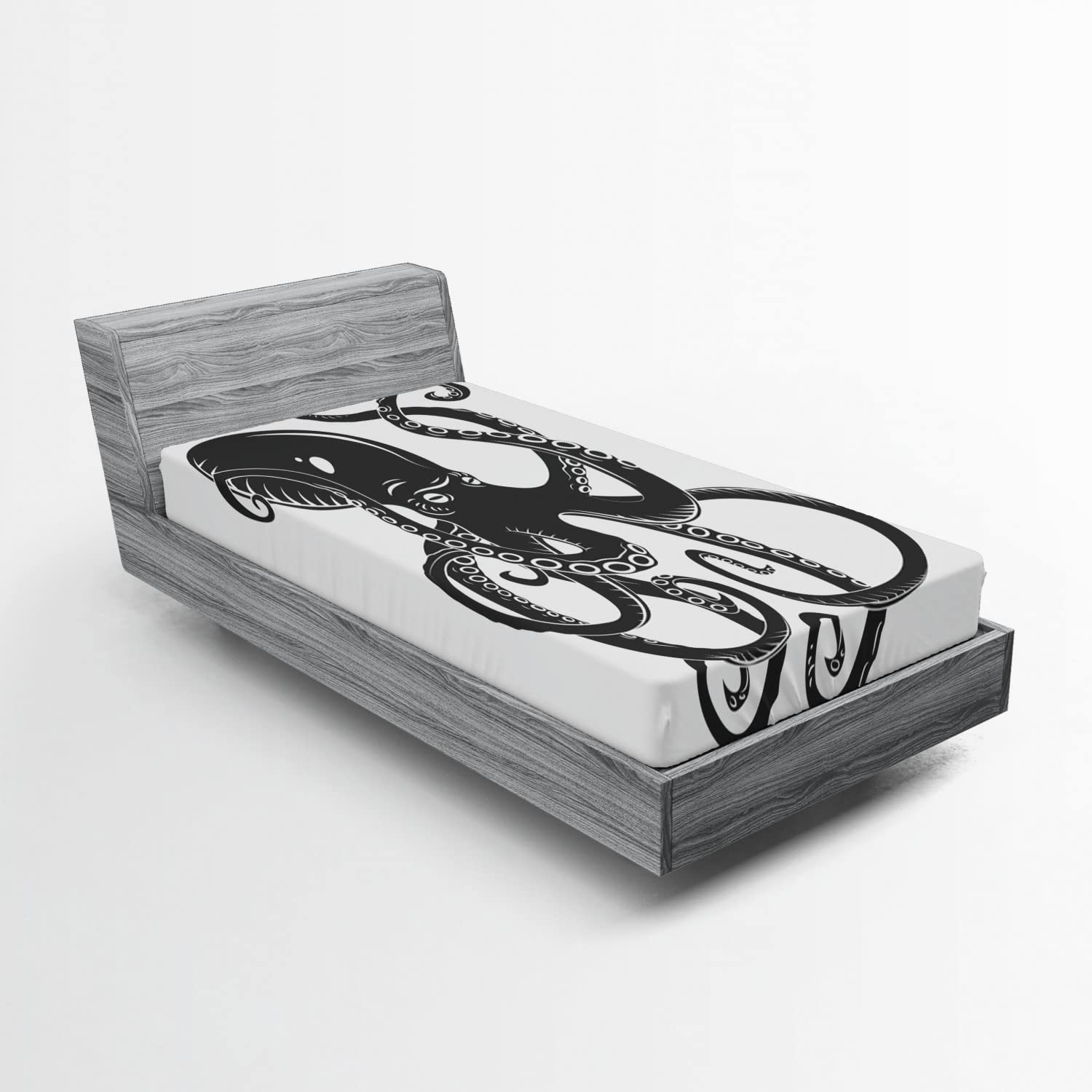 Ambesonne Charcoal Off White 2 Pack Fitted Sheet, Cartoon Octopus in Sea, Bed Cover All-Round Elastic Deep Pockets 2 Pieces, Package Contains 2 Twin Size Fitted Sheets, Charcoal Off White