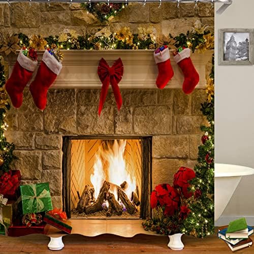 Kryfa Christmas Fireplace Shower Curtains for Bathroom, Vintage Christmas Eve Stocking Shower Curtain, Farmhouse Christmas Shower Curtain Christmas Bathroom Decor (Fireplace)