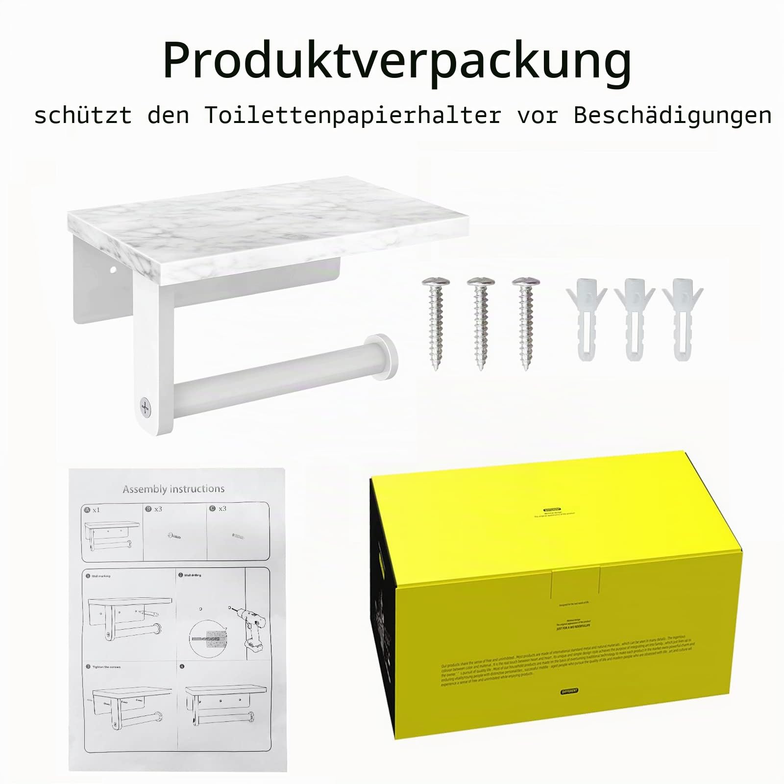 Toilettenpapierhalter mit Natürlich Marmor Ablage, Gypie Klopapierhalter Weiß, 304 Edelstahl Klorollenhalter mit Bohren, Rostfrei Matt Wc Papier Halterung Wandmontage für Badzimmer | Toilettenpapierhalter aus Edelstahl, Spender für Badezimmer, Waschraum