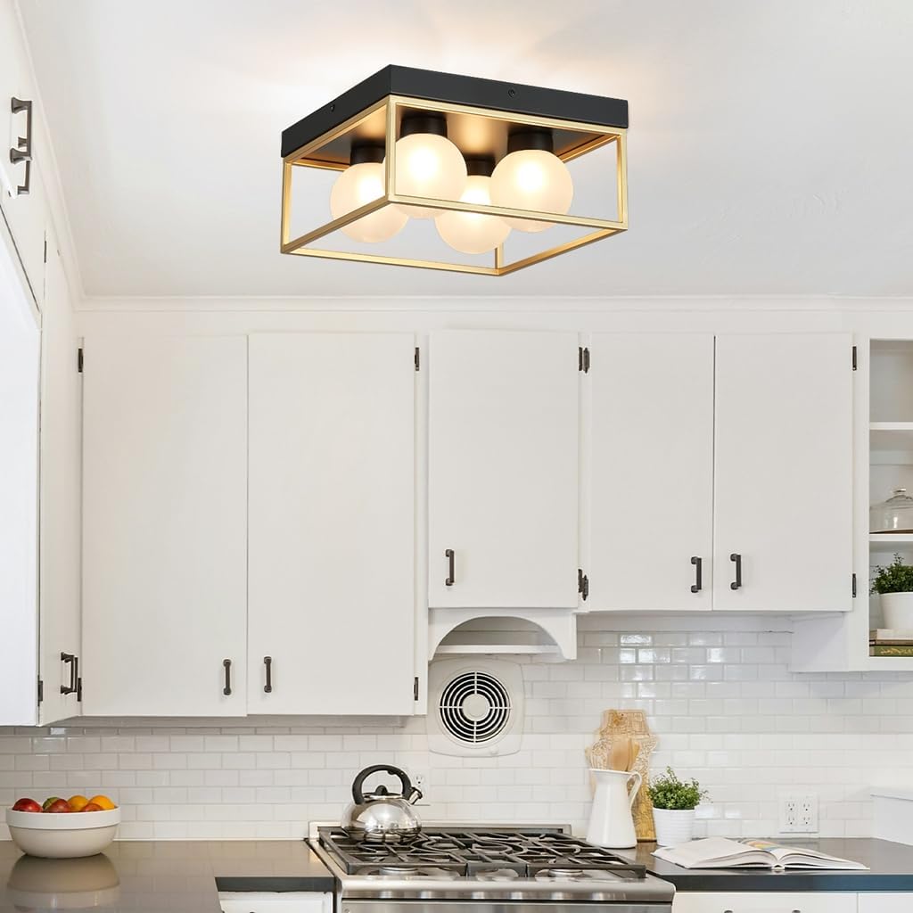 AGV LIGHTING Modern Flush Mount Ceiling Light, Black and Gold Ceiling Light Fixture with 4 Frosted Glass Globes, Semi Flush Mount Ceiling Lamp for Bedroom Kitchen Hallway Entryway