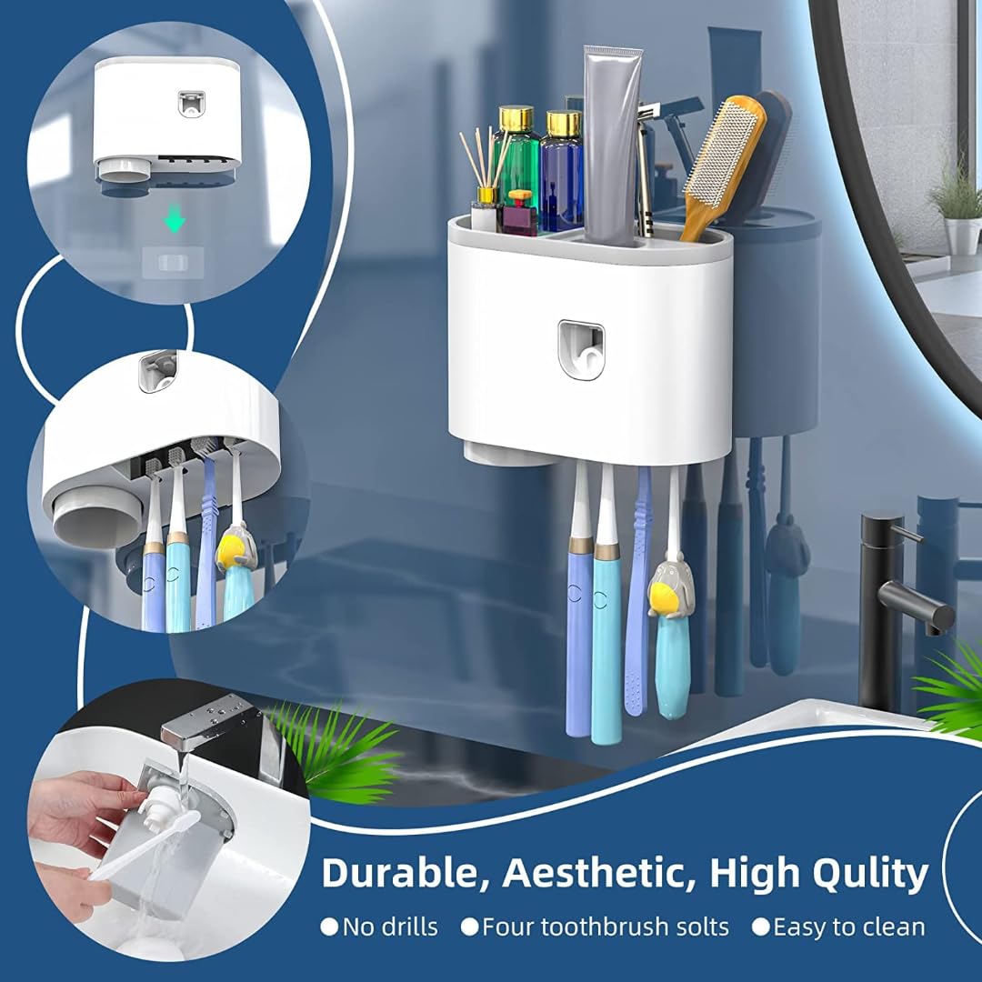 Soporte para cepillo de dientes montado en la pared, soportes para cepillo de dientes para baño, dispensador de pasta de dientes con 4 ganchos para cepillo de dientes (1 taza)