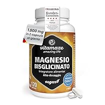Magnesio Bisglicinato 1500 mg in sole 2 capsule piccole al giorno altamente dosate, 300 mg magnesio elementare, Anti Stress, Fatica e Dolori Muscolari, Rilassante, 120 capsule vegane, Made in Germany