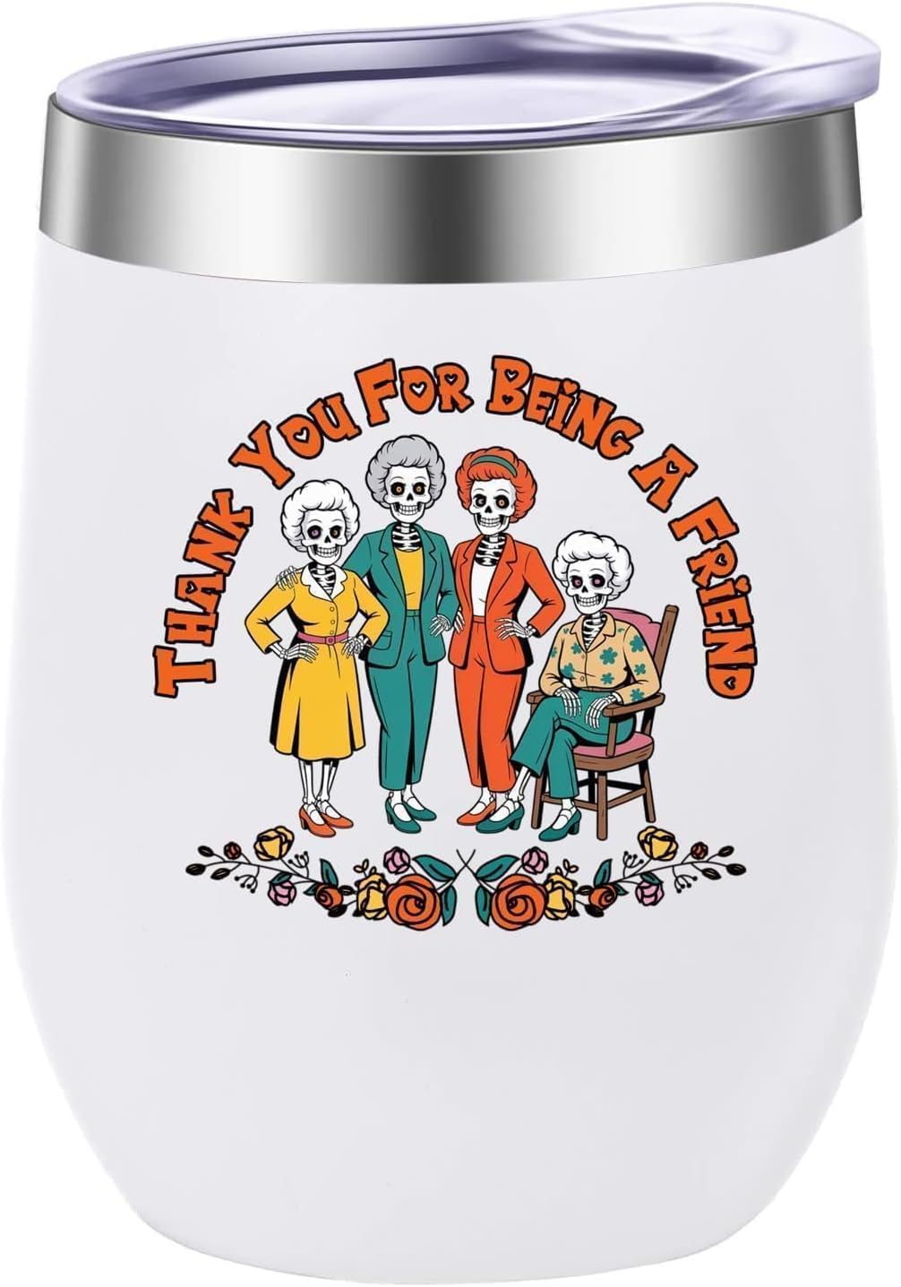 Thank You for Being A Friend Wine Tumbler,Golden TV Show Merchandise,12 Oz Insulated Stainless Steel Tumbler with Lid,Girls Friendship Gifts for Women Sister, Birthday Christmas Gifts for Her(White)