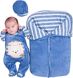 Saída de Maternidade Menino Leão Baby Plush Azul Com Porta Bebê