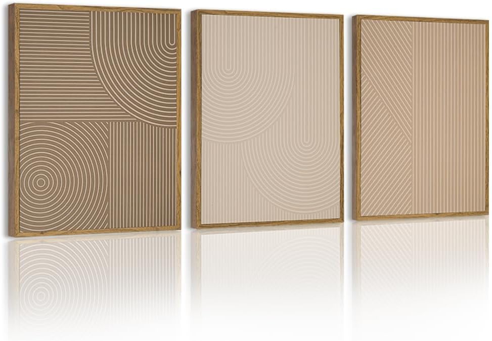 PHOPAGO Minimalist Abstract Framed Wall Art Set of 3 - Modern Boho Neutral Geometric Line Decor for Kitchen Dining Room 11x14in