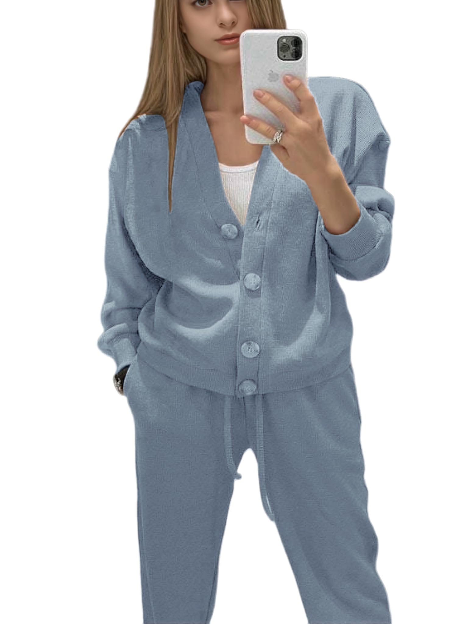 Veriliss 2-Teiliges Strickjacken Für Damen Leichte Klassische Langarm V-Ausschnitt Knöpfen Und Lange Hosen Passend Lounge Set