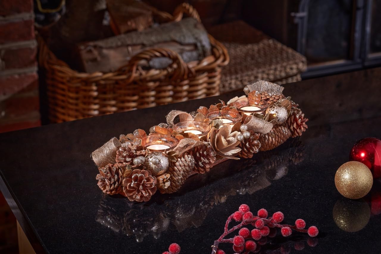 Smart Garden Goldfest Quartet Candle Holder - Gold Pinecones, Foliage and Berries - 42cm - Christmas Candle Holder - Christmas Table Décor Festive Xmas Decoration