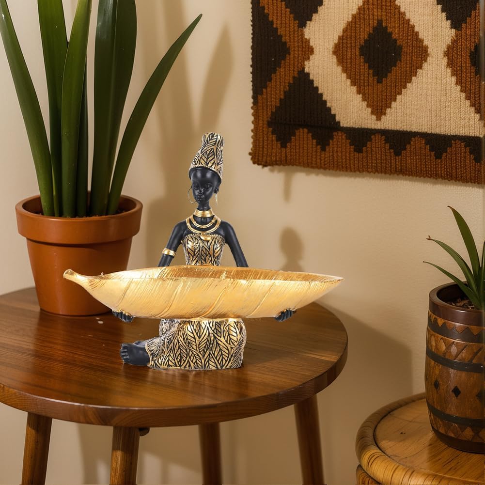 African Tribal Lady Holders Figurine - Resin Gold Statue for Home Decor, Shelves, TV cabinets, Tabletop, Living Room, African Woman Sculpture for Entryway Key Bowl, Jewelry Holder or Gift