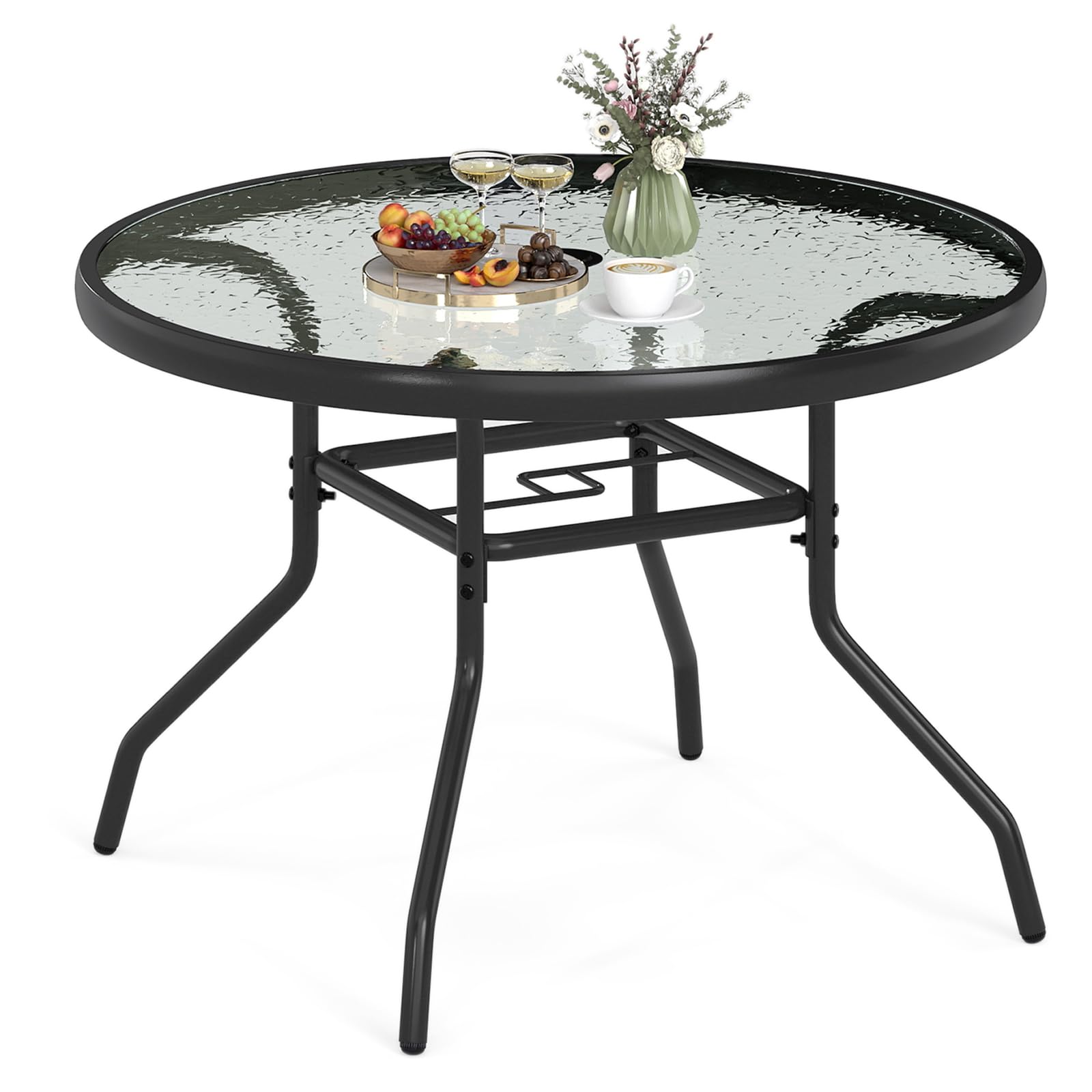 Table basse jardin en verre trempé et structure métallique noire élégante