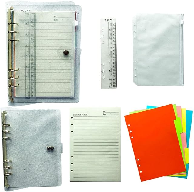WYAN A5 Refills Lined Paper Set-6-hole Transparent Soft Ring Binder,with Ruler,Zip Lock Pocket,A5 Notebook Refill Pad,Index Dividers