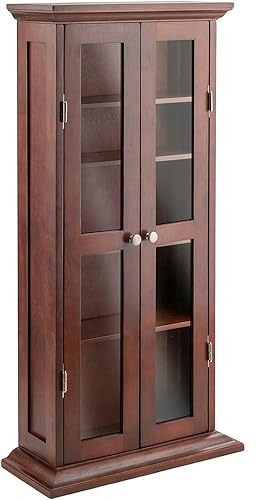 Elegante unidad de almacenamiento de DVD/CD de nogal Estantes ajustables Insertos de puerta de vidrio 135 DVD 205 CD 75 videocasetes