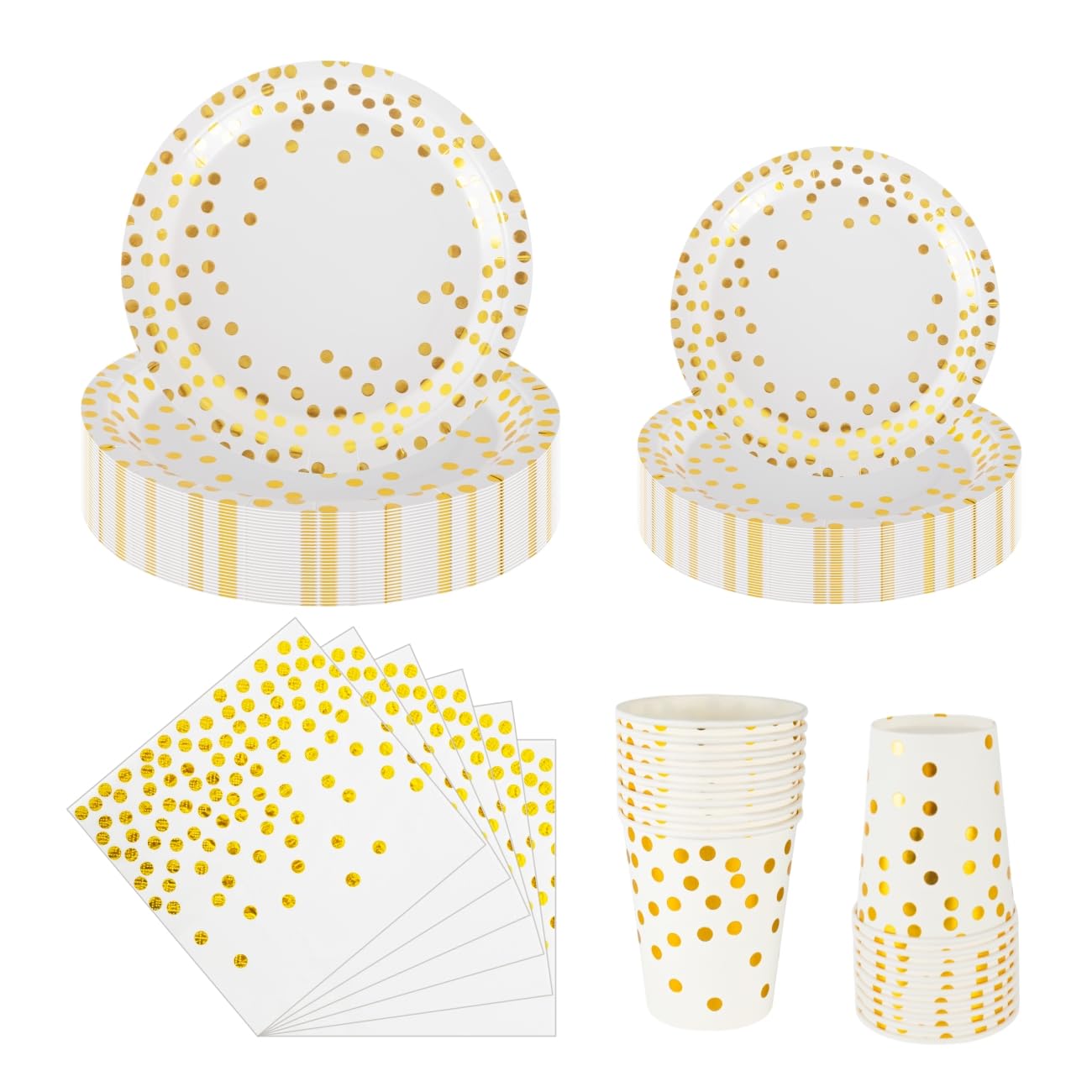 CEILIWEN 100PCS White and Gold Party Tableware Set, White and Gold Polka Dot Party Tableware Includes Plates, Napkins, Cups