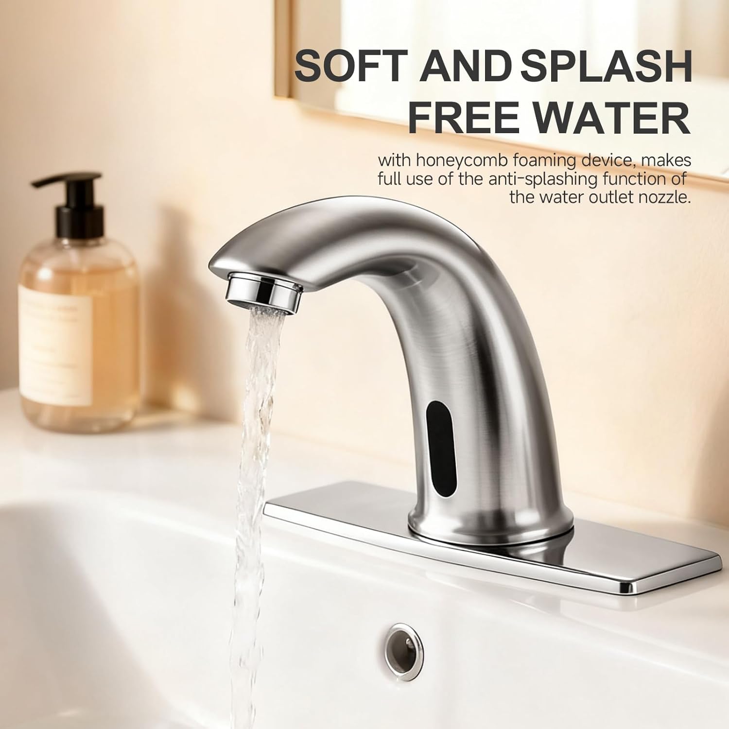 Touchless Bathroom Sink Faucet Automatic Motion Sensor Commercial Bathroom Faucet with Deck Plate,1 Hole or 3 Hole Solid Brass Faucet,AC/DC Powered,Hot Cold Mixer,Brushed Nickel