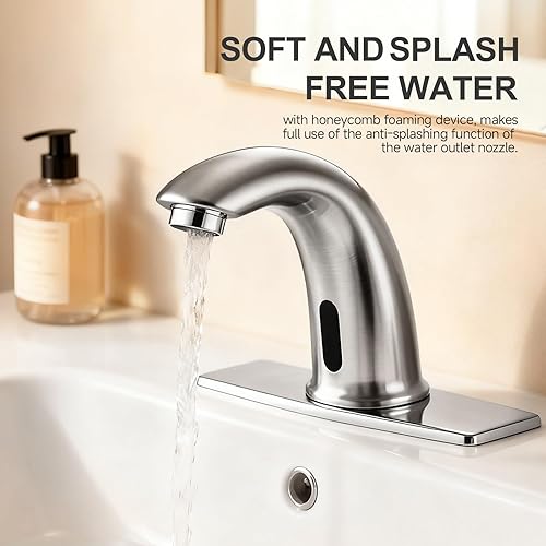 Vista 3 de Grifo de lavabo de baño sin contacto con sensor de movimiento automático, grifo de baño comercial con placa de cubierta, grifo de latón macizo de 1