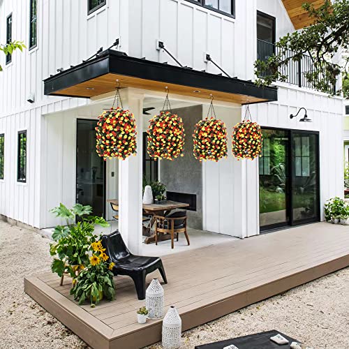 Ammyoo Artificial Flowers In Hanging Basket For Outdoors Indoors Decor, Artificial Mums Bush Flowers Plants With Baskets For Home Porch Garden Yard Patio Decoration (Orange Yellow) #TOP1
