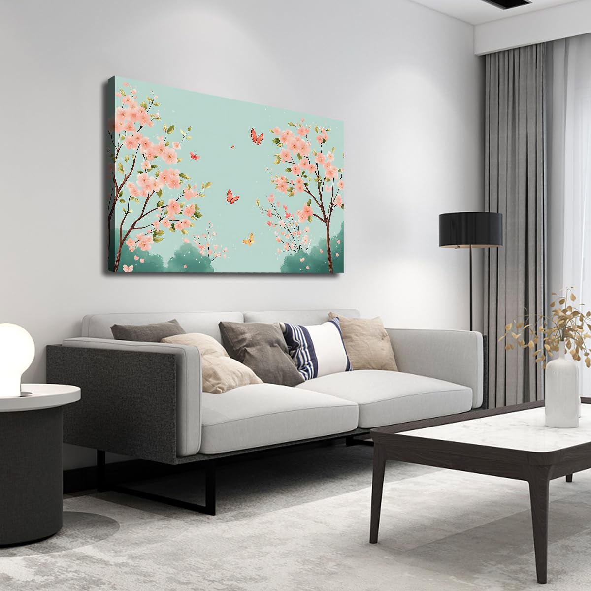 CHERHERART Art mural en toile de cerisier en fleur de printemps Papillons fleuraux pastel Affiche en toile pour chambre de bébé Estampes de style japonais Décoration 80x100cm sans cadre