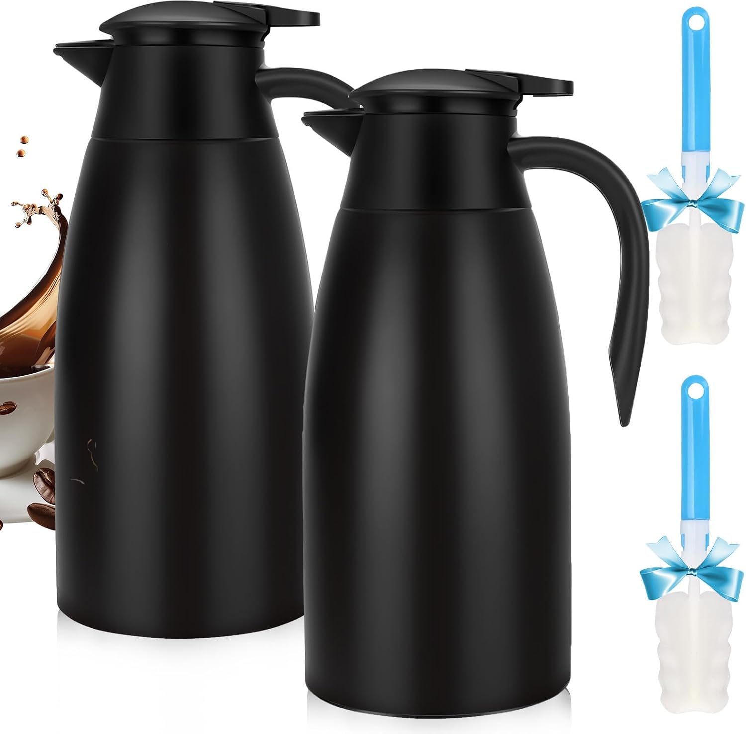 68OZ Thermal Coffee Carafes for Keeping Hot, 2 Liter Stainless Steel Thermal Carafe, Double Wall Vacuum Insulated Pitcher Tea Pot for Coffee Tea Keep Hot 12 Hours, 2 Pack Black