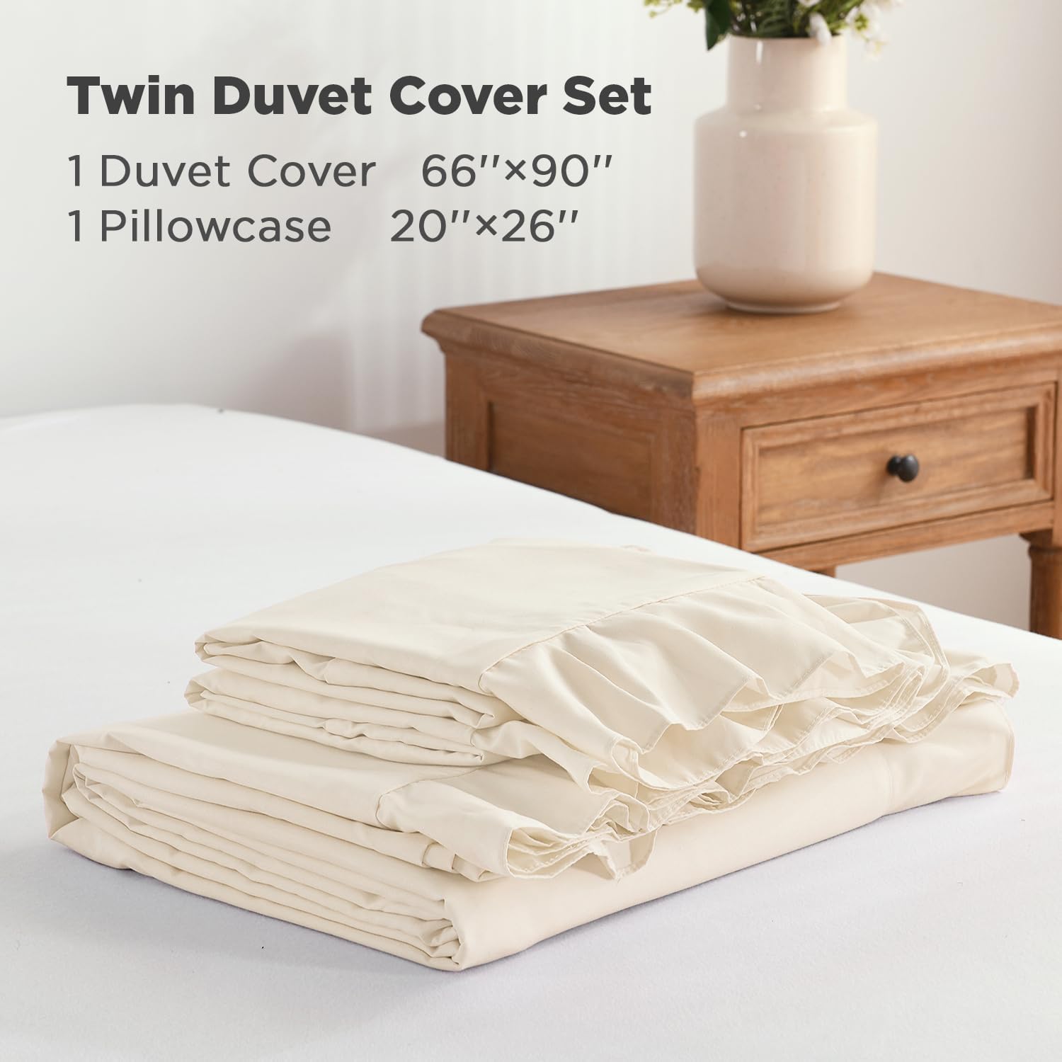Andency Beige Ruffle Duvet Cover Twin(66x90Inch), 2 Pieces Ruffled Farmhouse Shabby Chic Duvet Cover for Girls Kids Women, Soft Polyester Duvet Cover Set with Zipper Closure & Corner Ties