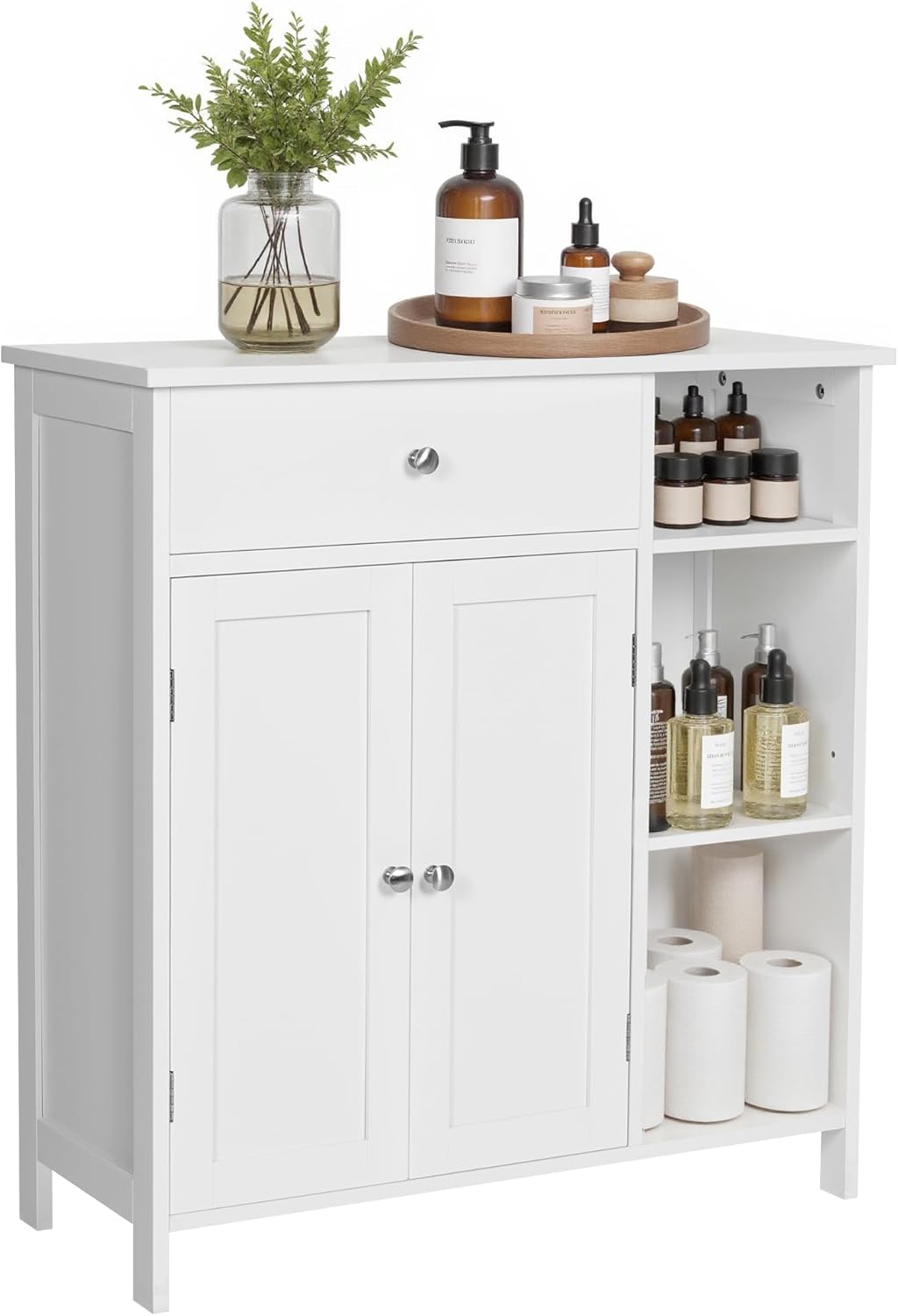 VASAGLE Bathroom Floor Cabinet, Freestanding Storage Cabinet with Drawer, 3 Open Compartments, Adjustable Shelves, 11.8 x 29.5 x 31.5 Inches, White UBBC142W01