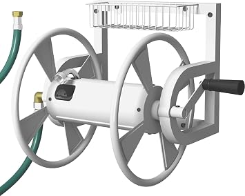Artigarden Garden Wall Mounted Hose Reel, Outdoor Heavy-Duty Water Hose Holder Winder, Holds 125 Feet of 5/8-Inch Hose, with 3.9 ft Leader Hose, Brass Fitting and Storage Basket for Yard, White