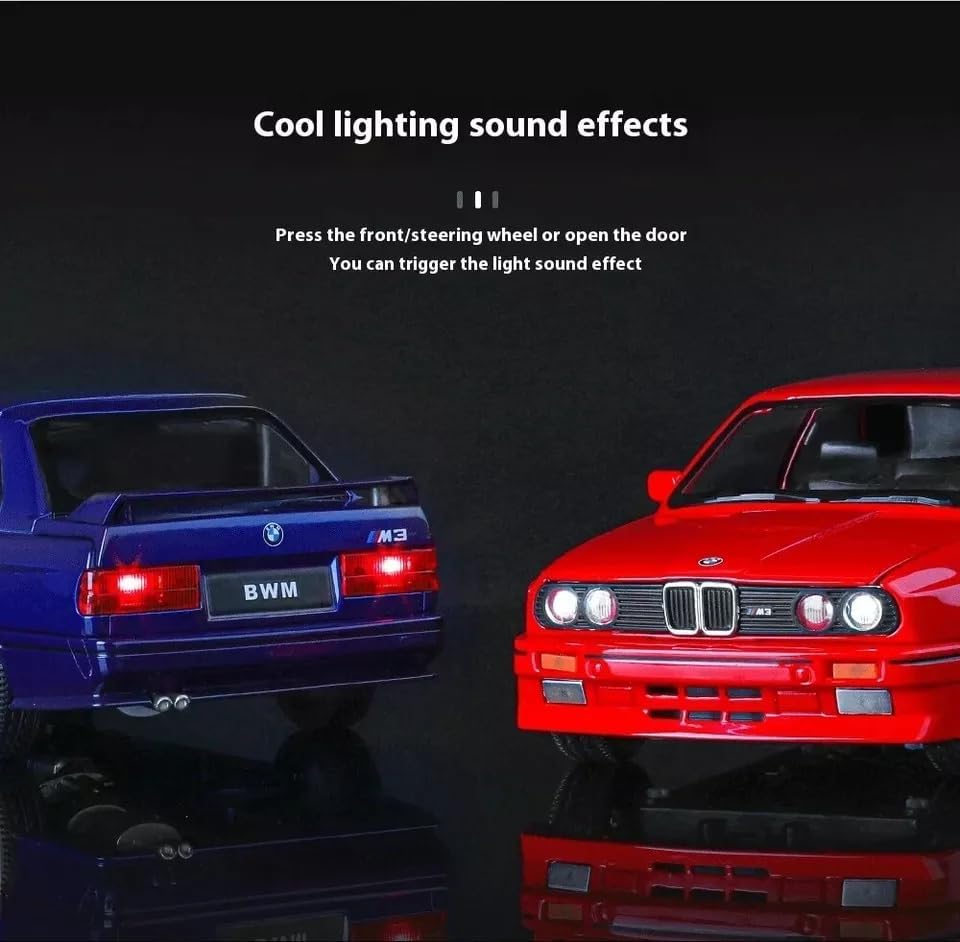 Image of WORSHIPER Big size1:24 B-M-W M3 E30 1988 1:24 diecast Metal Pullback Toy car with openable Doors & Light, Music Boys car for Kids Best Toys Gifts Toys for Kids (1:24 B-M-W M3 E30 -Red)