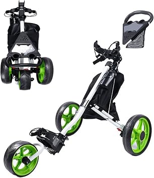 Green Golf Cart Push Pull Golf Cart Folding Cart Aluminum Alloy with Handbrake and Drink Holder Easy Open and Close Practice Storage Guide Golf Club Golf Equipment