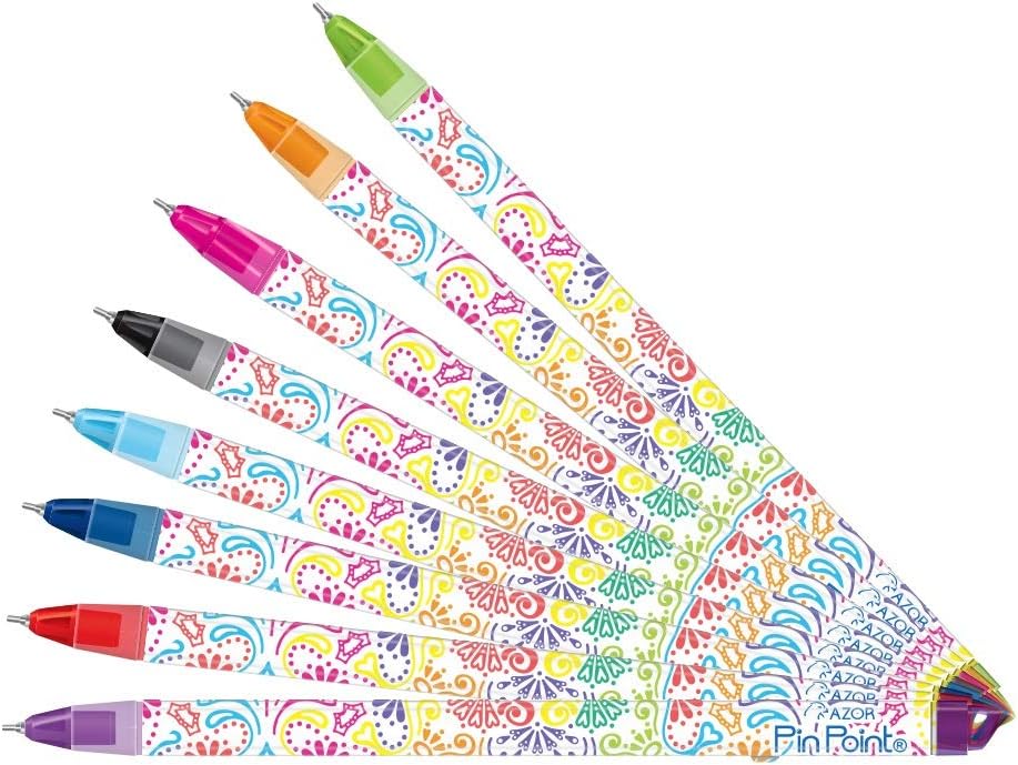 AZOR Pin Point Greks - Set of 8 Colorful Exterior Design Fine Point Pens 0.7mm for Planner. Hole for Retractable Cord, Chain, Clipboard or Countertop, Assorted Colors