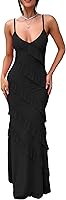 HOCILLE Women's Sexy V-Neck Backless Bodycon Maxi Dress Spaghetti Strap Ruffle Elegant Cocktail Party Dress