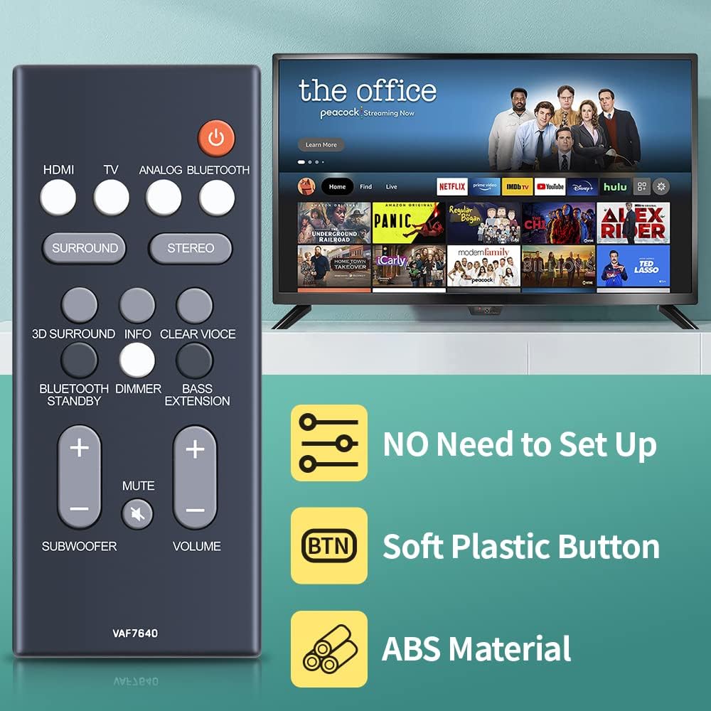 Image of the remote control next to a television screen, highlighting 'No Need to Set Up', 'Soft Plastic Button', and 'ABS Material'.