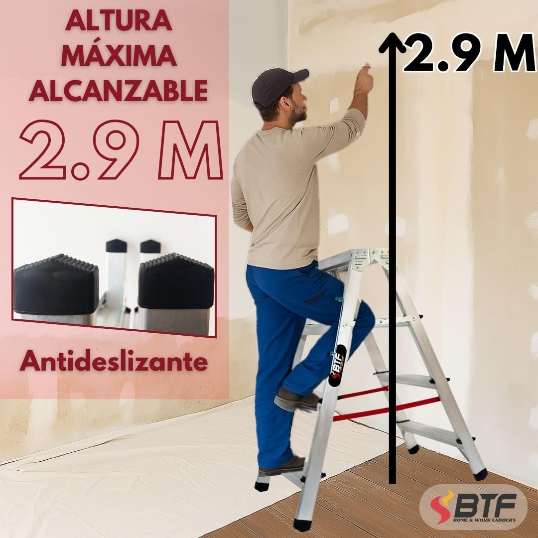 Nawa échelle escabeau Double Pliant 4 marches Aluminium antidérapant Hauteur Max. Accessible des Deux côtés 2 x 4 Niveaux Charge Max. 150 Kg. Fabriqué en Europe