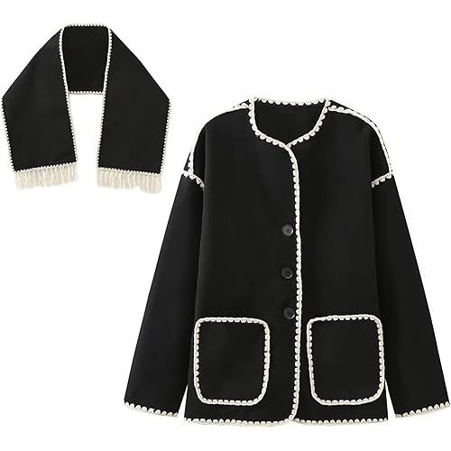 Aedceal Women's Embroidered Tassels Scarf Jacket Button Down Loose Woolen Coat Outerwear