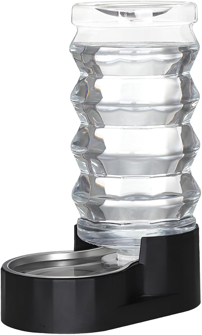 RIZZARI Dog Water Bowl Dispenser: 5L Gravity Black Automatic Stainless Steel Drinking Feeder with Filter for Dogs and Cats
