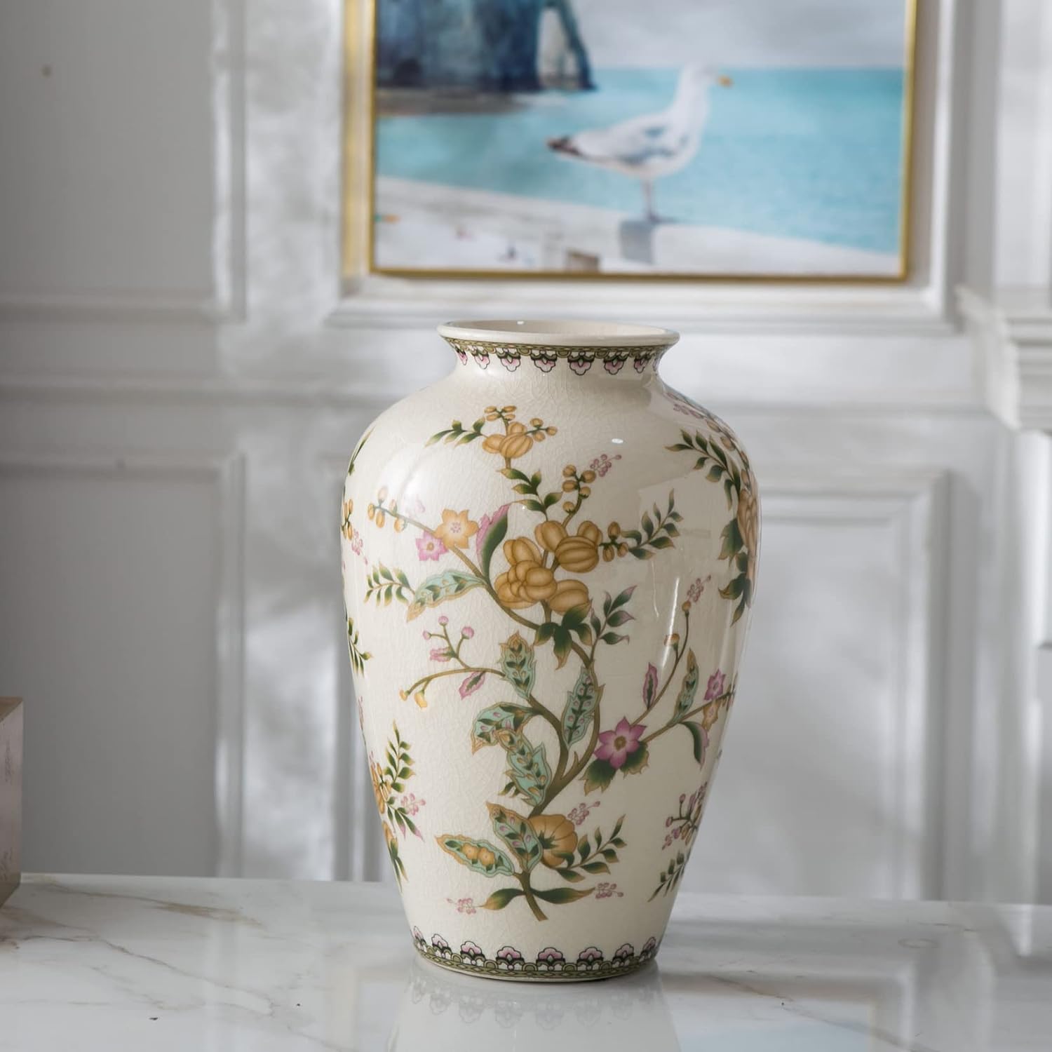 11" China Ceramic Vase Blue and White Chinoiserie Vase Decorative Flower Vase for Living Room, Home Decor, Office, Table Centerpiece,A