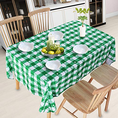 SARAFLORA St Patrick\'s Day Checkered Fabric Rectangle Table Cloth, Polyester Shamrock Pattern Tablecloth, Table Cover Protector for Party, Banquet, Dinner Decoration Use, 60 x 120 Inch, Green & White