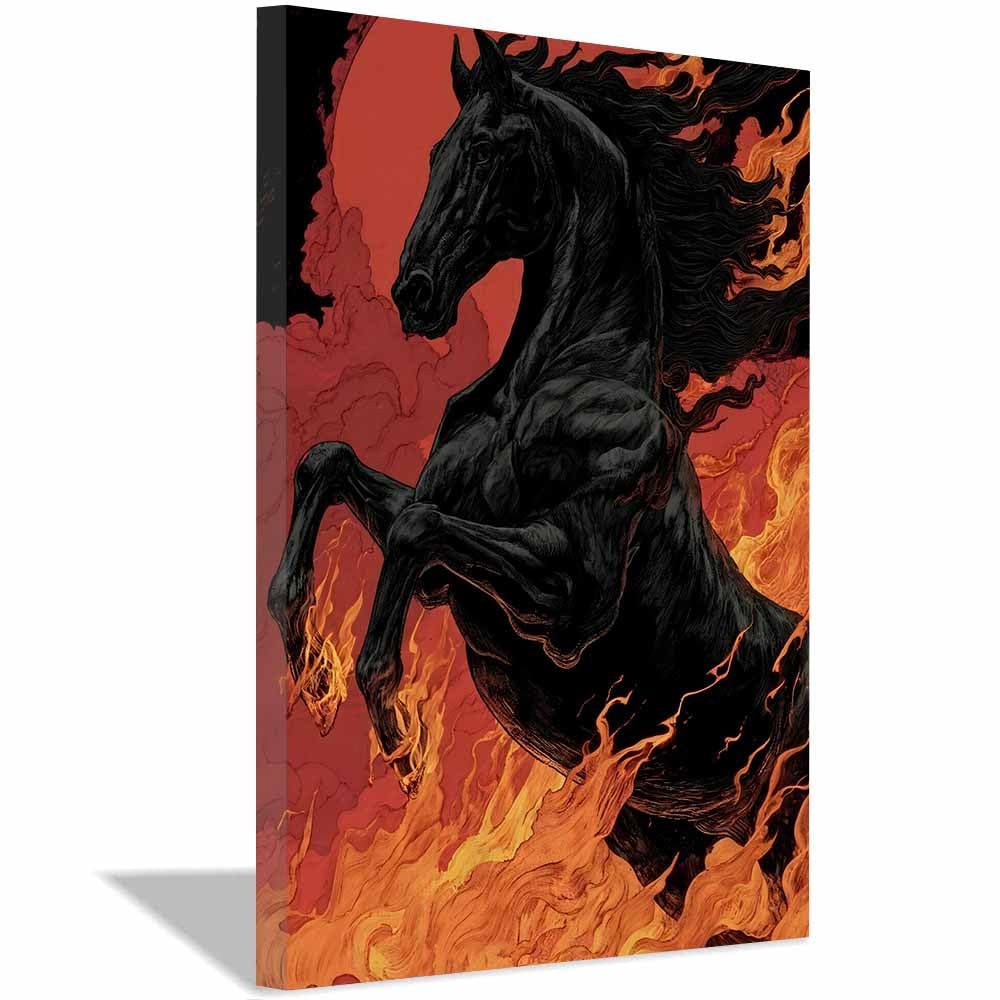 QUSAAOU Foto Con Lienzo Semental negro ardiente encabritado entre llamas LáMinas Decorativas Grandes Para Pared Dormitorio,Arte De Pared De Animales Para Comedor,Pasillo Y BañO -70x100cm Enmarcado