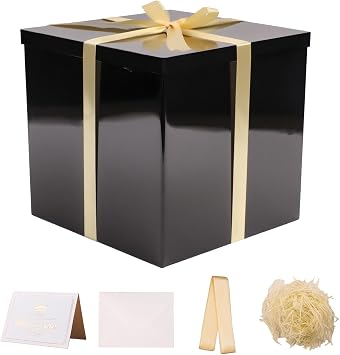 UoeRing Glossy Black Large Gift Box 1Pcs 12x12x11 Inch,Gift Box with Lid for Presents Birthdays,Christmas Valentines Day,Mothers Day, with Ribbon Card Envelope Shredded Paper Fill