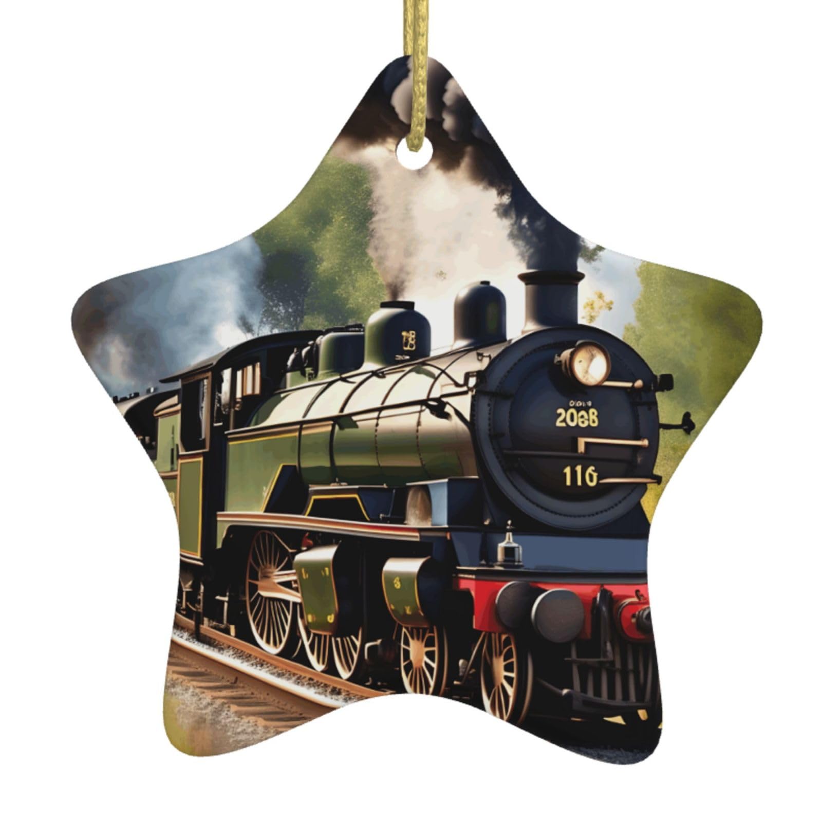 Nbtghga White Steam Little Train Print Christmas Ornaments, Ceramic Hanging Ornament, Round Shape Decorations