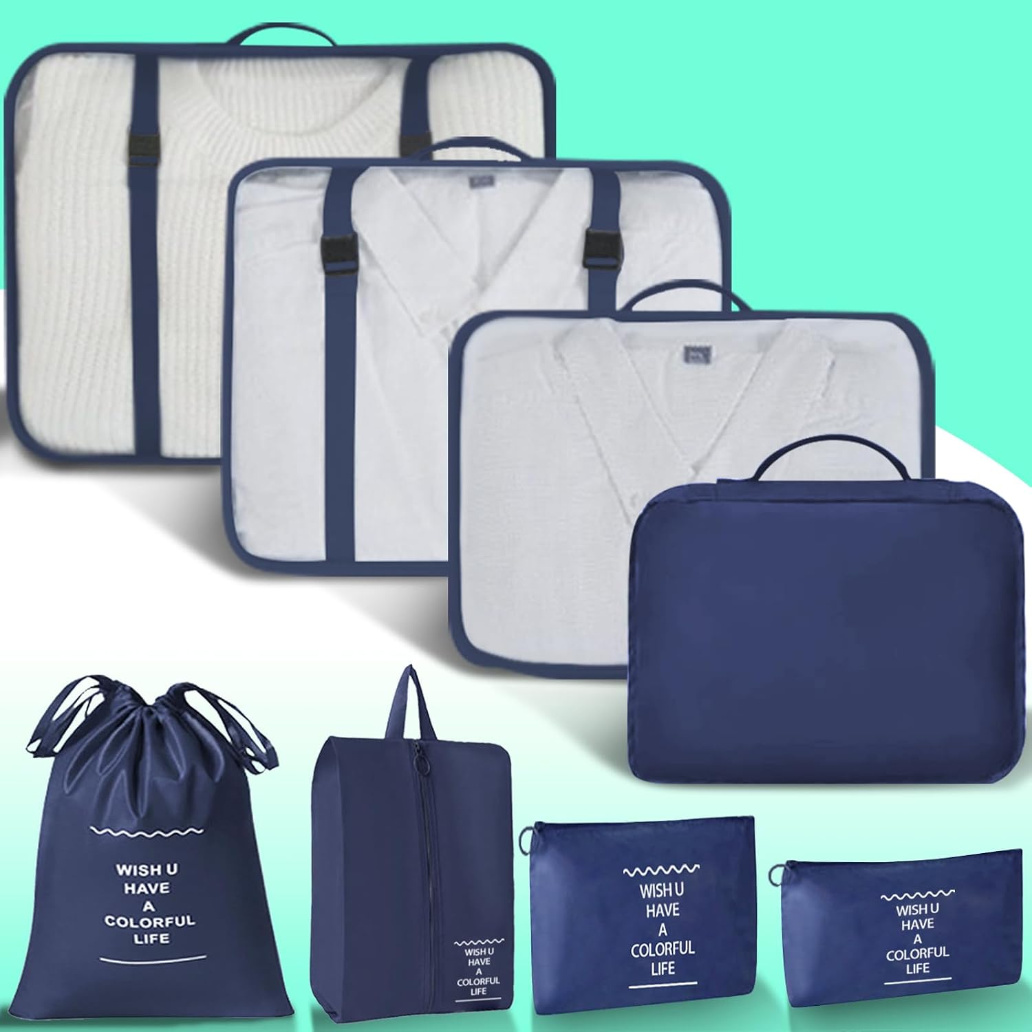 Packing Cubes For Travel - 8 Set Carry On Luggage Organizer, Clothing Sorting Storage Bag Suitable for Suitcases Durable Essentials Bags (Nevy Blue)