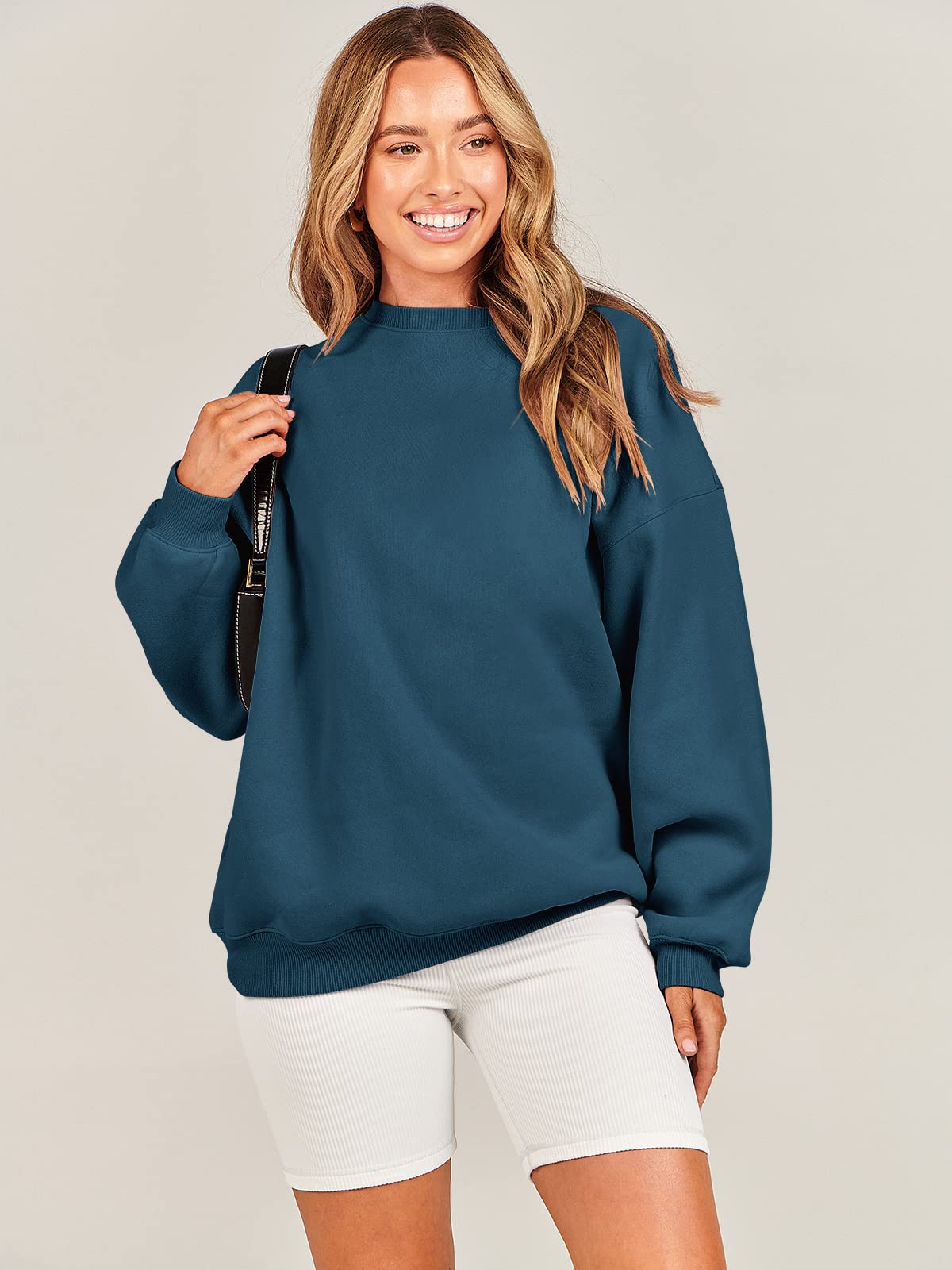 Damskie bluzy oversize bluzy z kapturem polar okrągły dekolt sweter top codzienne jesienne stroje preppy ubrania nastolatki 2024 A1019 światło, Jeden kolor, Deep Blue_L