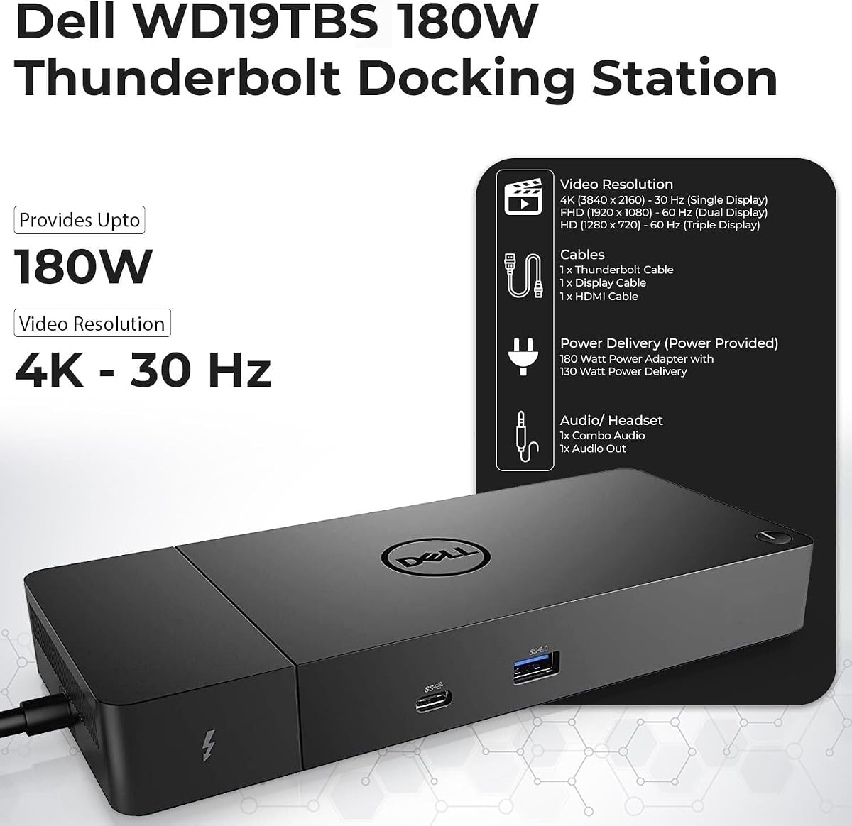 Dell WD19TBS Thunderbolt Dock Bundle - 4K Display, 1 Year Warranty, Dell Docking Station Dual Monitor with 180W Adapter, Anyhdd HDMI, DisplayPort, Thunderbolt Cable - Laptop & Computer Docking Station
