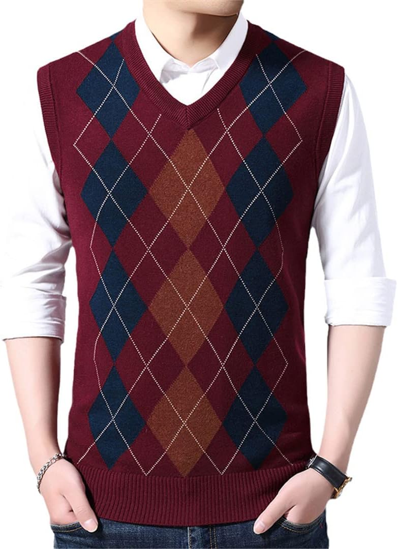 Sleeveless Sweater Mens Pullover Vest V Neck Slim Fit Jumpers Knitting Patterns Autumn Casual Clothing Men Red XL