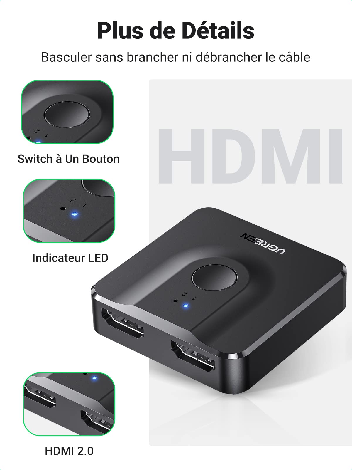 UGREEN Commutateur HDMI 4K 60Hz 2 Entrées 1 Sortie HDR CEC Dolby Atmos Compatible PC PS5 Xbox Noir