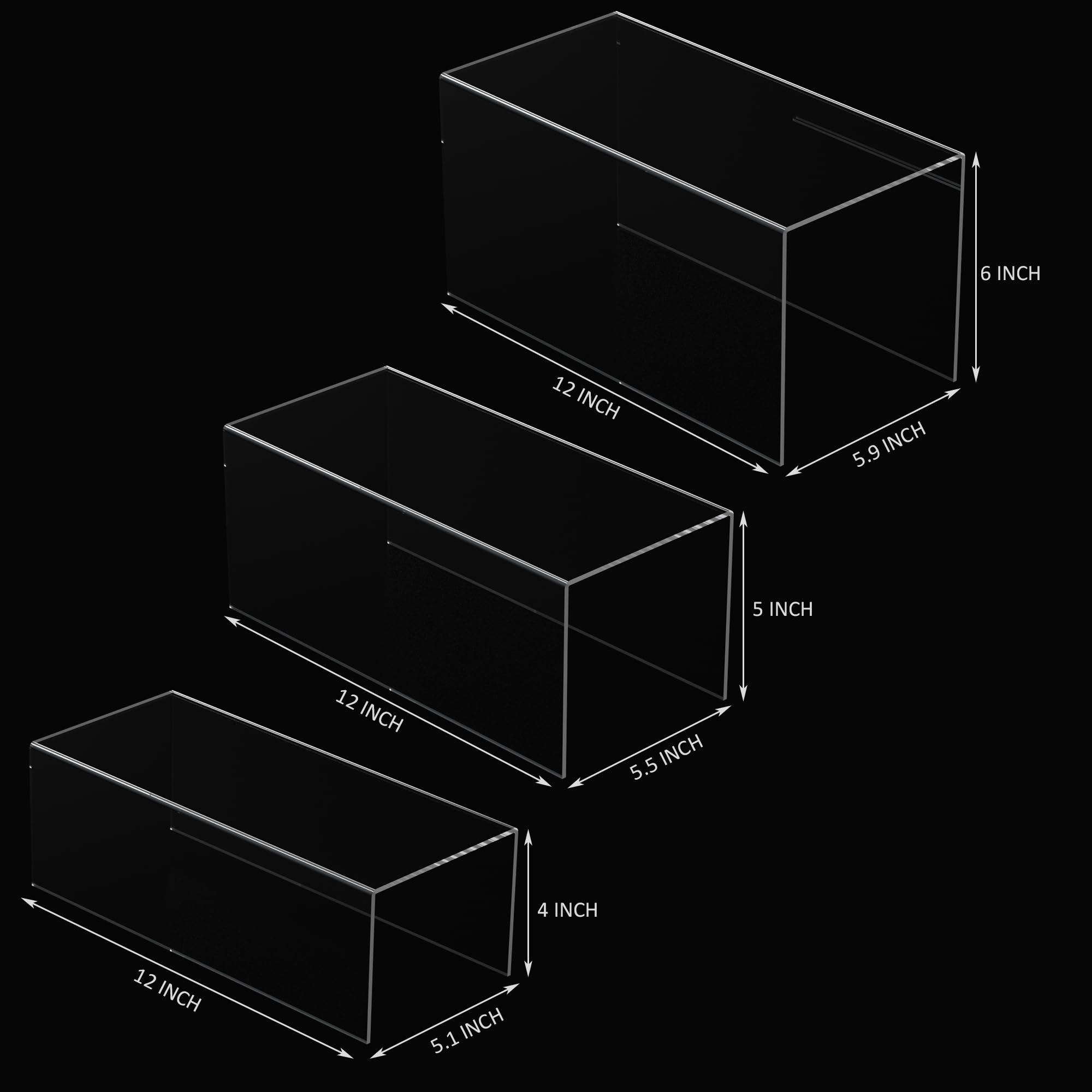 Sezanrpt Transparentes Display-Regal, 3 Stück, rechteckig, Acryl-Display-Organizer, Acrylständer für Funko Pop Figur, Kosmetik, Taschen, Schuhe, Spielzeug, Sammlerstücke – 30,5 - 10,2 cm, 12,7 cm,