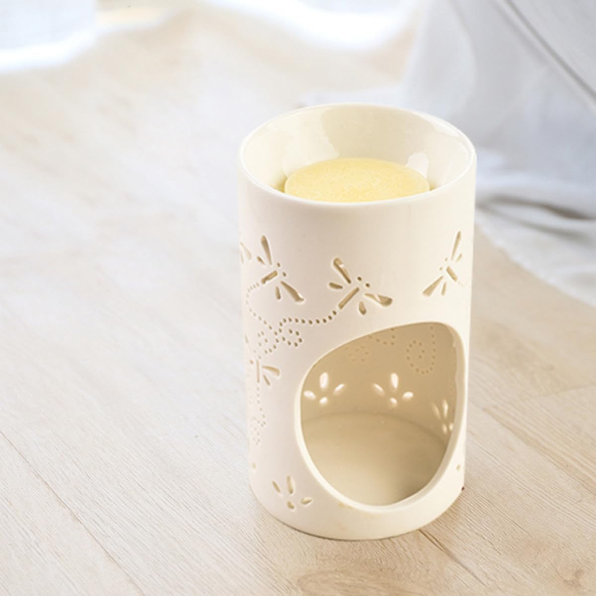 SAFIGLE Ceramic Tea Light Holder Essential Oil Burner White Hollow Dragonfly Candle Rack Aromatherapy Diffuser for Living Room Patio Garden Decoration