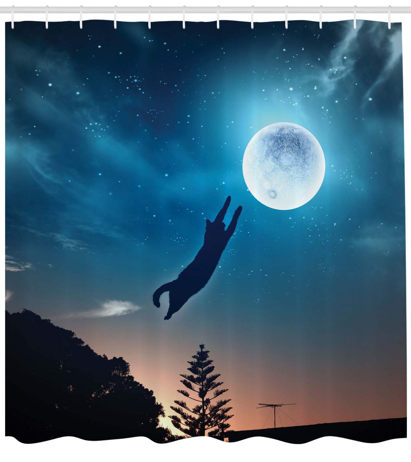 Ambesonne Cat Shower Curtain, Pet Jumping in The Air Catching The Moon at Night Sky Stars Fantasy Artwork, Cloth Fabric Bathroom Decor Set with Hooks, 69