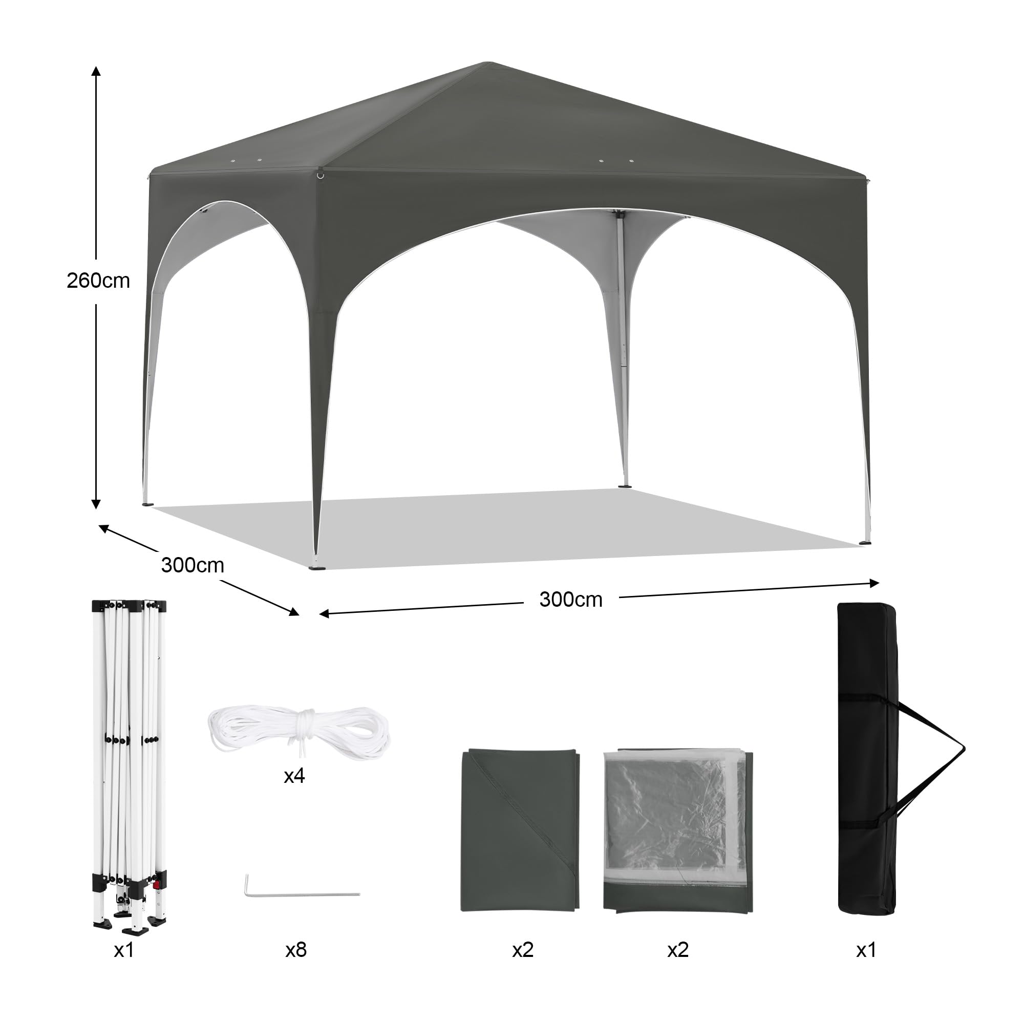 Laneetal Pop-Up Faltpavillon wasserfest Winterfest, Pavillon 3x3 m faltbar, Grillpavillon stabil, Gartenpavillon mit Seitenwänden Fenstern Tasche, für Camping Strand Garten, Grau