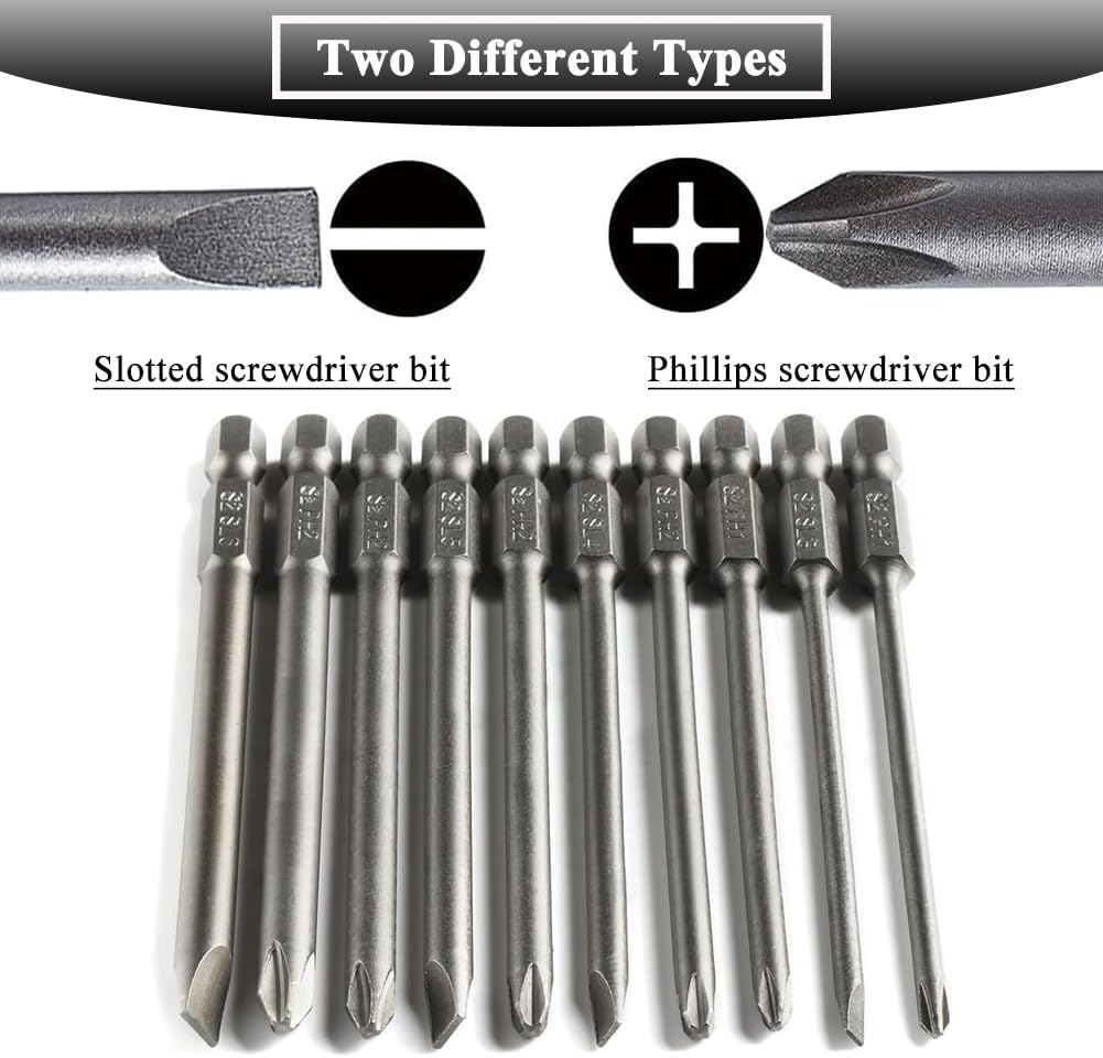 10Pcs 100mm Long Magnetic Screwdriver Bit Sets Phillips and Slotted Screwdriver Bit 1/4 Inch Hex Shank Drill Bit S2 Steel
