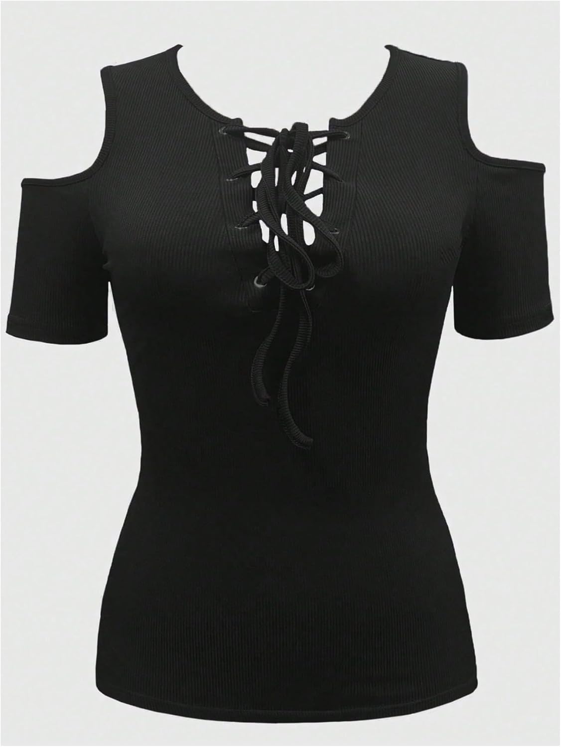 SOLY HUX Women's Plus Size Cold Shoulder T Shirt Short Sleeve Lace Up Crew Neck Tee Slim Fitted Going Out Tops - Image 3